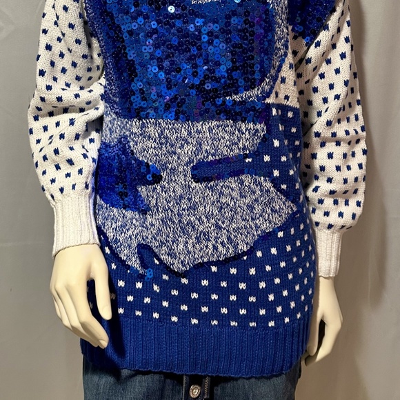 Vintage Blue Women Sequin Sweater Oversized Size M Mob Wife Christmas Ro… - Picture 2 of 8